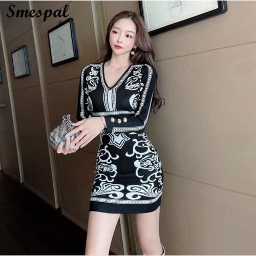Knitted Dress Autumn Women Fashion Bodycon Dress Sexy V Neck Knitted Mini Dress