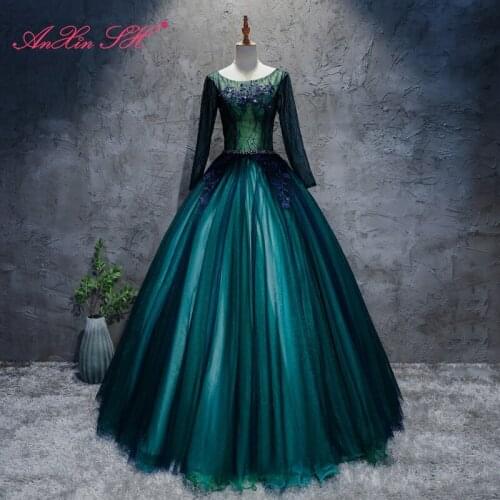 AnXin SH Vintage princess deep green lace beading crystal flower o neck long sleeve bride ball gown party stage evening dress