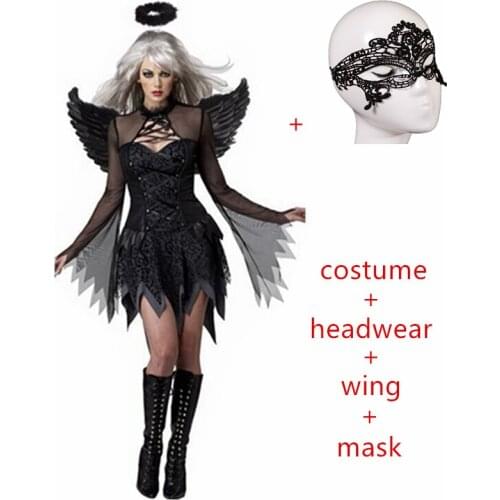 2019 carnival Halloween Costumes Women Cosplay dress Fantasy Party Fancy Dress Adult White Black Angel Costume Wings headwear