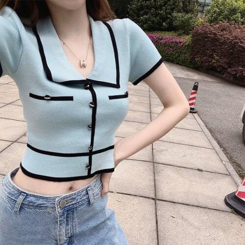 2020 Sweet Design Knitted Cropped Top Sexy Button Short Sleeve Polo Knitwear Women