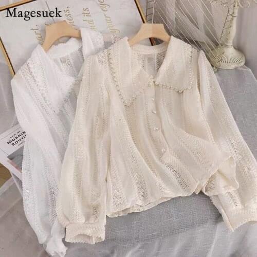 2021 Hollow Out Peter Pan Collar Tops Spring Elegant Lace Blouses Women New Fashion Office Ladies Long Sleeves Solid Shirt 14562