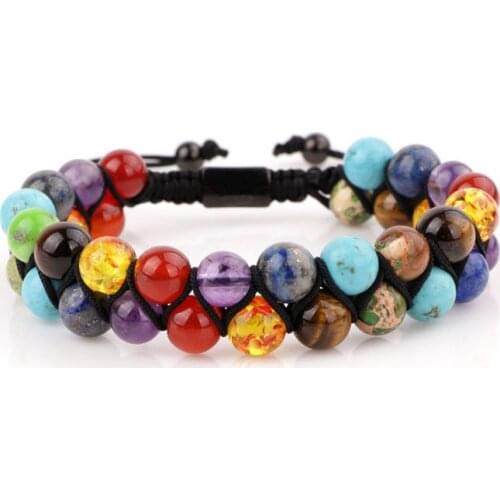 High Quality 7 Charka 8mm Stone Beads Double Layer Link Cord Bracelet Adjustable Woven Wrap for Women Men