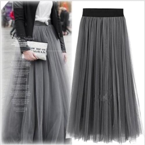 Long Tulle Skirt Women Beading Elastic High Waist Elegant Lady Maxi Skirt A-Line Tutu Pleated High Quality Luxury Skrits CL86