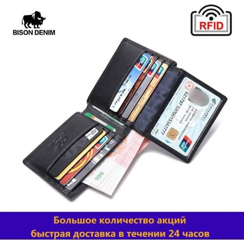 BISON DENIM Cow Leather Men Wallets Male Purse Function Black Genuine Leather Men Wallet With Multi-functional Card Holder W4521