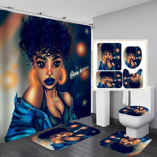 Curls Sexy Girl Fabric Shower Curtain Bathroom Curtains Set African America Women Non-slip Bath Mat Toilet Pad Carpet Sets