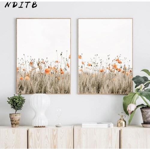 Poppies Flower Plant Canvas Poster Nordic Nature Landscape Botanical Art Print Paniting Wall Picture for Living Room Decoration