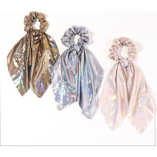 New Fashion Shiny Laser PU Covering Big Bowknot Hair Scrunchies Personal Metallic Hair Scarf Punk Rope Band Hair Accessories