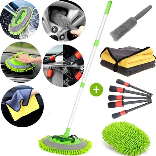 NEW Three section Telescoping Car Wash Brush Mop Chenille Microfiber Broom Towel Set Auto Detailing Tire Brush Cleaning Tool