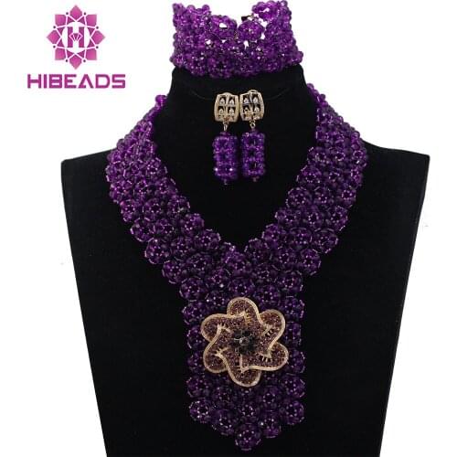 Purple Crystal Necklace Wedding African Beads Jewelry Set Fashion Nigerian Beaded Statement Necklace Free shipping WD555