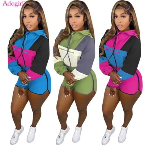 Adogirl Color Patchwork Two Piece Sets Women Tracksuit Long Sleeve Zipper Hooded Sweatshirts Crop Tops Shorts Jogging Sport Suit