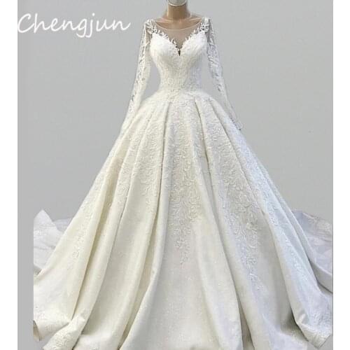 Chengjun Illusion Neckline Custom Long Sleeves Satin Ball Gown Wedding Dresses