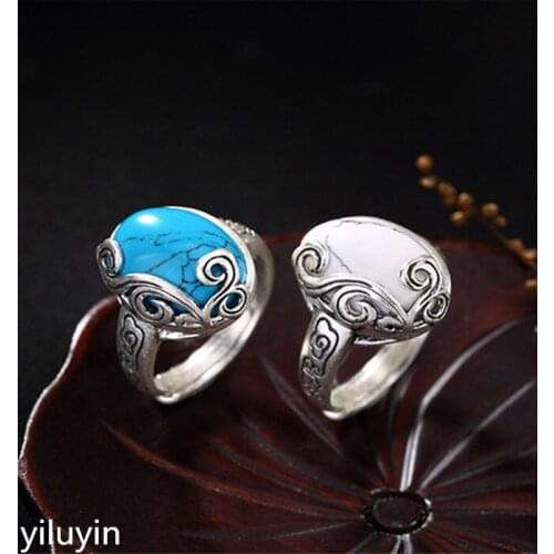 KJJEAXCMY Boutique jewelry S990 pure silver, antique, auspicious, blue, white, loose stone, open ring, lady, Korean, sterling si