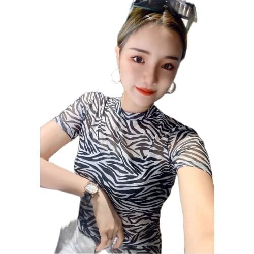 2021 summer womens slim zebra ice silk mesh T-shirt womens short sleeve micro transparent small shirt thin temperament P3 338