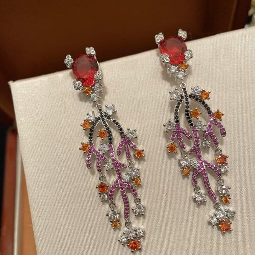 New Red Crystal Leaves Earrings Leaf Sweet Temperament Long Tassel Zircon Jewelry Fashion For Women Vintage Korean Geometric