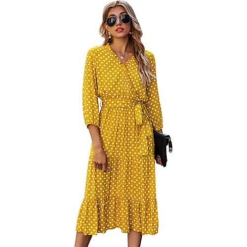 AECU 2021 Spring And Summer Fashion Wild Print Dot Point V Neck Long dress Female Dress Dot O-Neck Beach Style Women Dresses