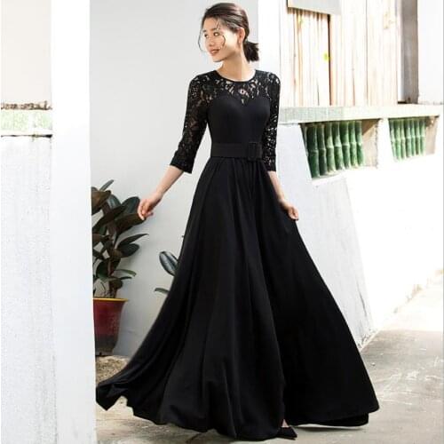 Floor length lace dress Hepburn dress female retro hollow cut black dress super longer ins fashion holiday dress with belt F1362