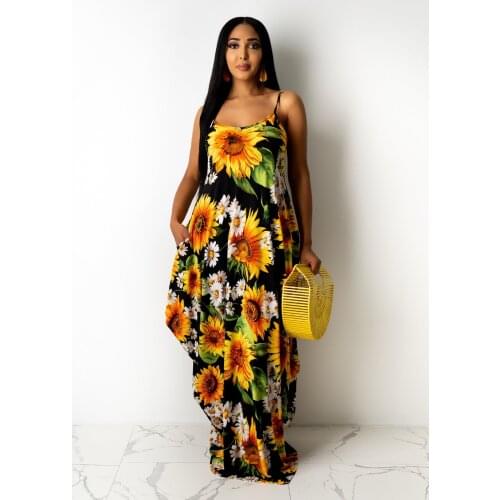 2021 High Quality New Design Dress Print Spaghetti Strap Sleeveless Summer Beach Loose Maxi Dress Vestidos