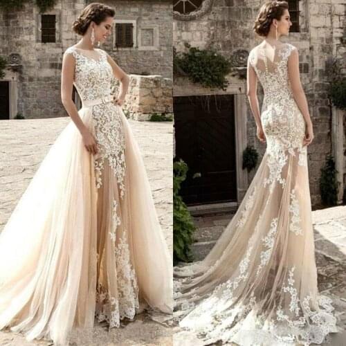 Vintage Mermaid Wedding Dresses With Detachable Train Sleeveless Lace Applique Beach Vestidos De Novia Summer Boho Bridal Gowns