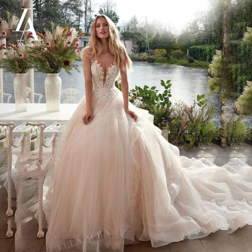 LelaAcra Sleeveless Wedding Dress 2022 Flowers V-neck A-Line Plus Size Court Train Princess Bride Gowns NE36 Vestido de Noiva