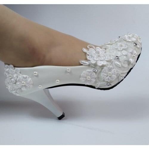 2020 New arrival white Lace Flower shoes women wedding shoes Bride High shoes Thin heel round toe Platform shoes Shallow Pumps