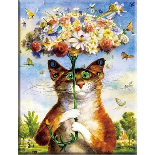 5D DIY Diamond Painting Cat with Flowers Umbrella Embroidery Full Round Diamond Cross Stitch Rhinestone Mosaic Painting Decor