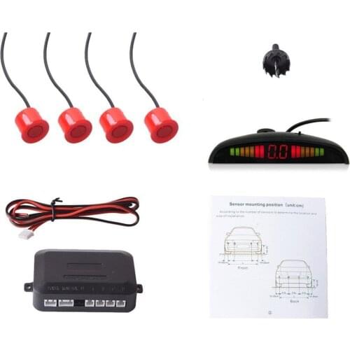 Auto Vehicle Reverse Backup Radar System with 4 Parking Sensors Distance Detection + LED Distance Display + Sound Warning(RED)