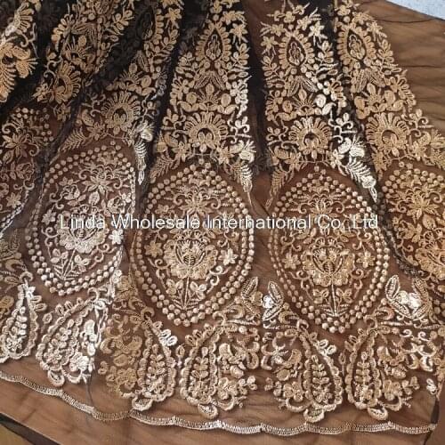 Black net yarn Golden Embroidered Lace Fabric Clothing Womens Curtain Dress Accessories DIY sewing Fabric