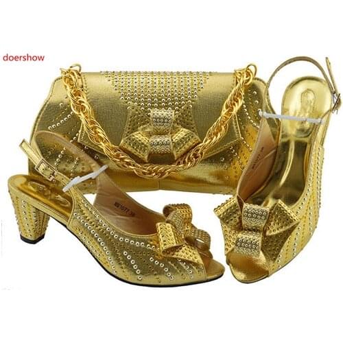 Doershow Italian Shoes with Matching Bags 2019 African gold Shoe and Bag Set Italian Design African Shoes and Bag Set! HWD1-20