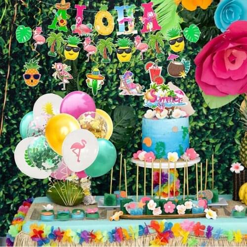 Hawaiian Party Decorations Flamingo Pineapple ALOHA Palm Leaf Balloon Banner Bunting Garland Summer Tropical Luau Party Supplies