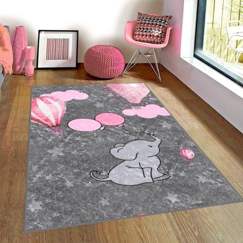 Gri Çocuk Odası Halısı pembe uçan balon, balon fil bulut yıldız gri halı