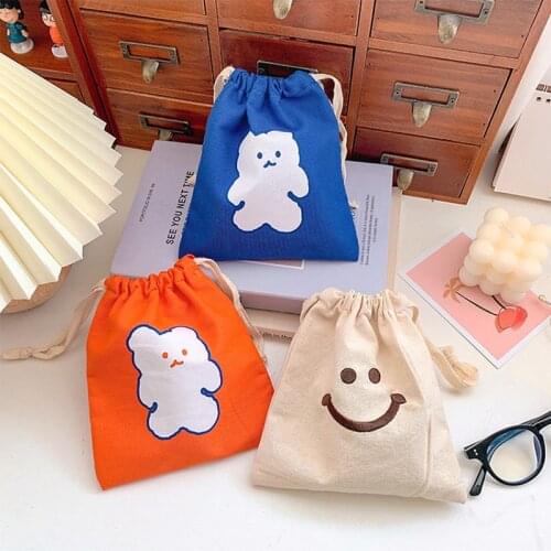 7pcs Bear Drawstring Pocket Cute Healing Smiley Makeup canvas Storage Bag Portable Sundries Organizing Storage Bag