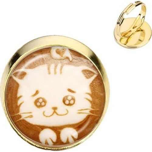Coffee Latte Carving Chocolate Printing Cat Glass Cabochon Rings Love Heart Flower Clover Snowflake Charm Jewelry For Women Girl