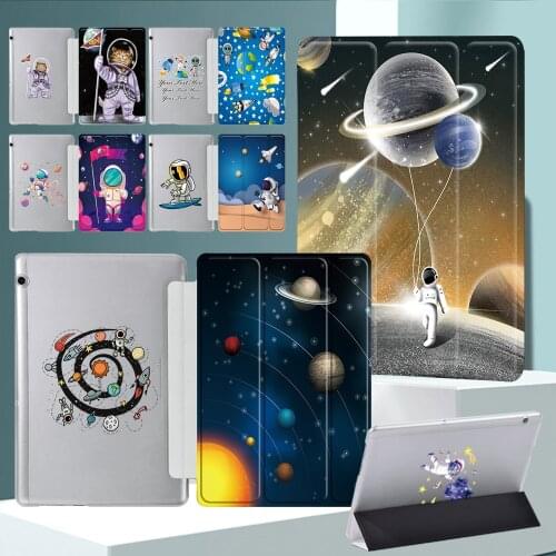 Leather Case for Huawei MediaPad T5 10 10.1"/MediaPad T3 10 9.6" Flip Tri-fold Stand Astronaut Pattern Tablet Cover+Free Stylus