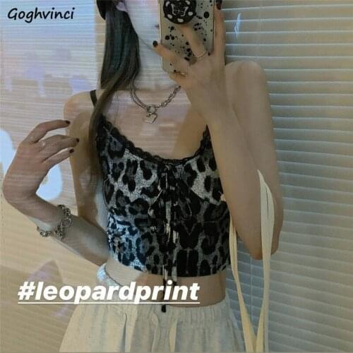 Camis Women Leopard Printing Bow V-neck Tanks Womens Lace Sexy Personalized Chic Ins Retro Tops Female Vintage Fashion Skinny