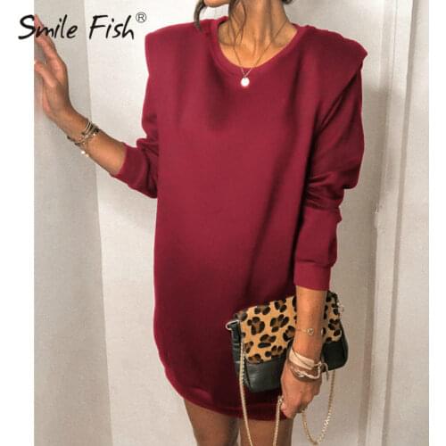 Fashion Mini Dress Solid Women Clubwear O-Neck Loose Autumn Winter Casual Gray Long Sleeve with Shoulder Pad Sweatshirts G2065