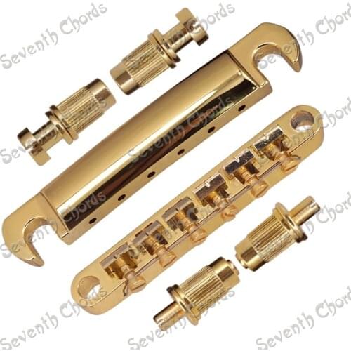A Set 6 String Saddle LP Style Electric Guitar Tune-O-Matic Bridge & Tailpiece with Studs & Anchors - Gold