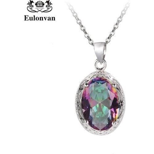 Eulonvan Office Choker Pendant Chain Necklace For Women 925 Sterling Silver Rainbow Mystic Jewelry Accessories kolye Colar S3713