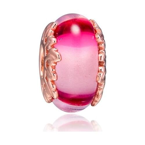 Fits Pandora Bracelet 925 Sterling Silver Rose Gold Pink Murano Glass & Leaves Charms Beads for Jewelry Making Kralen Bijoux