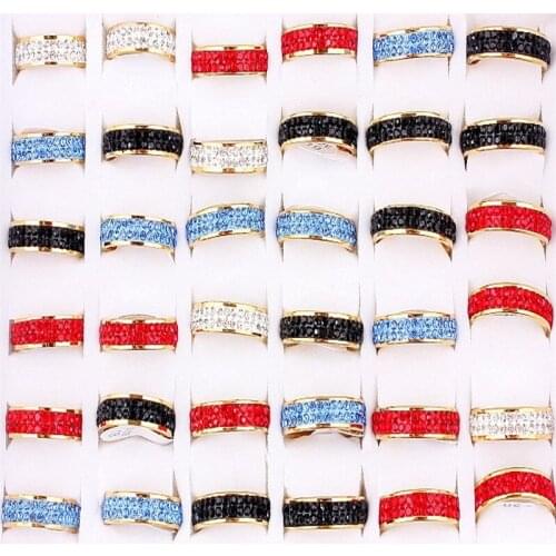 QianBei Luxury 5pcs Mixed Gold Color Double Row Crystal Rings Stainless Steel Ring Wholesale Jewelry Party Women Wedding Free