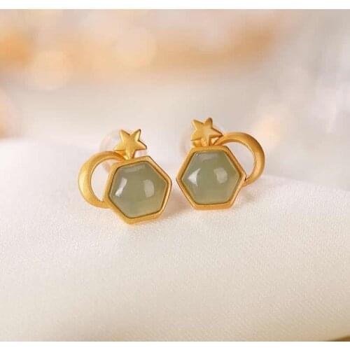 Pure S925 Silver Earrings Natural Green Jadeite Star Moon Stud Earrings Vintage Earrings
