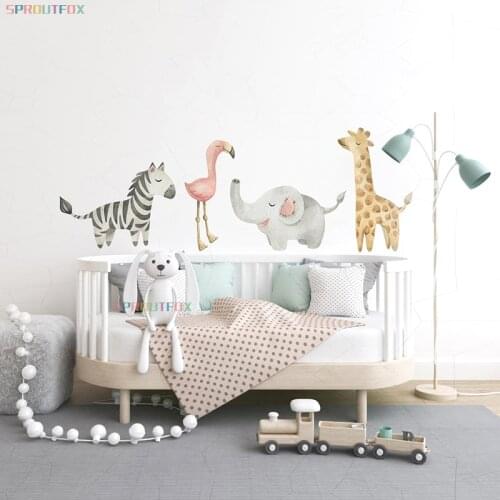 Nordic Cartoon Animals Wall Sticker for Kids Room Nursery Baby Boys Bedroom Wall Decals Zebra Flamingo Elephant Giraffe Stickers