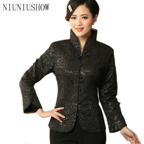 New Arrival Black Vintage Chinese Womens Silk Satin Jacket Coat Long Sleeves Flowers Size S M L XL XXL XXXL