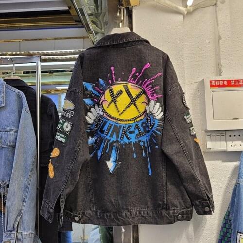 Streetwear Fashion Diamond Letter Print Denim Jacket Coat Women Loose Hip Hop Outerwear Korean Black Blue Jeans Jackets Female