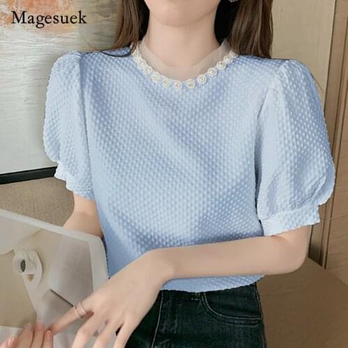2021 Summer Short Sleeve Women Blouse Tops Casual Loose O Neck Women Shirts Korean Cotton Female Clothing Chemise Femme 14031