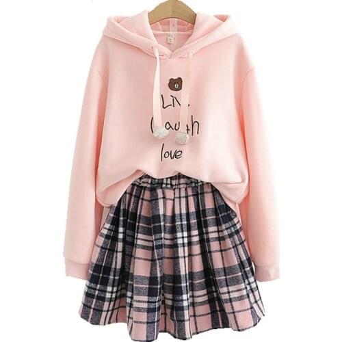 XUANHAO Womens Sets Love Cartoon Bear Embroidery Hooded Sweatshirt And Plaid Pleated Skirts 2020 Autumn New Two Piece Set