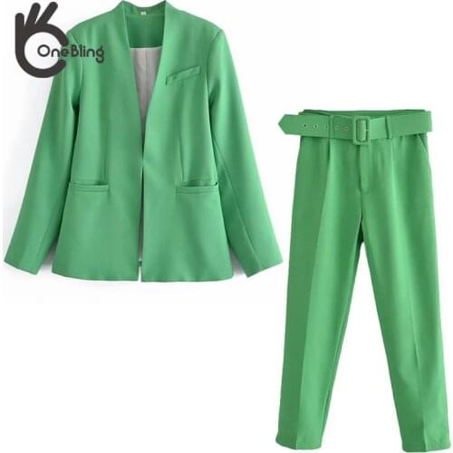 OneBling 2021 Za Woman Casual Traf Outfits Female Autumn Slim Blazers + Ankle Length Pants Suits OL Style 2 Piece Sets Green