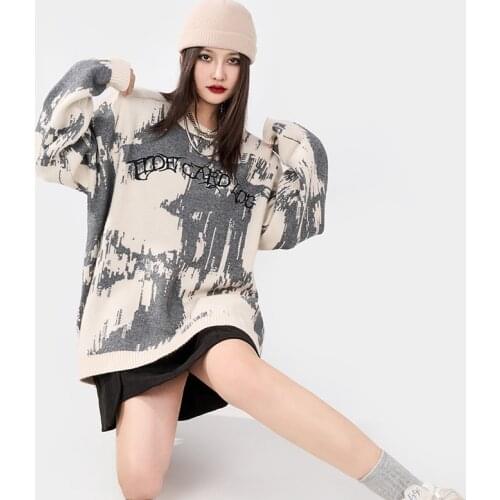 Harajuku Letter Embroidery Knitted Sweaters for Women Fashion Oversized Autumn and Winter Keep Warm Colorblock Pullovers Men