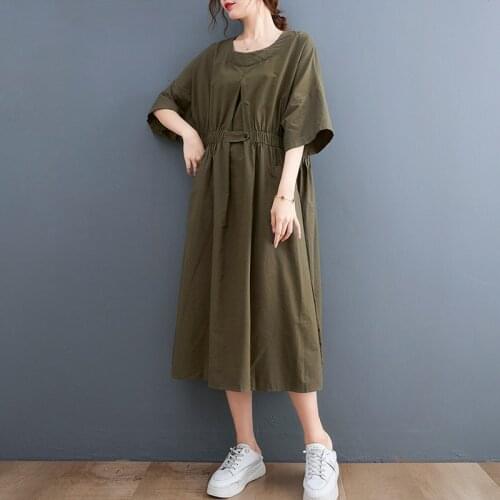 Johnature Women Cotton Dress Vintage O-Neck Half Sleeve Solid Color Pocket Clothing 2021 Summer New Sweet Style Loose Dresses