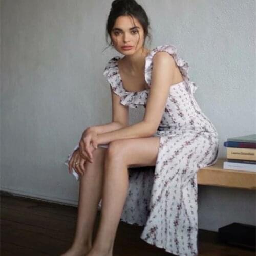 2021 summer womens dress fashion hedging square neck hem slim A-line summer dress with split wood ears