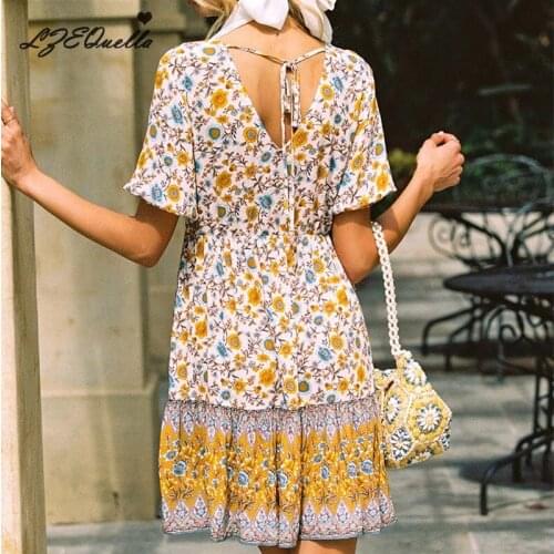 LZEQuella Women V Neck Print Ruffles Lace Up Mini Boho Dress Summer Holiday Beach Short Sleeve Backless Dresses Vestidos NZ3270